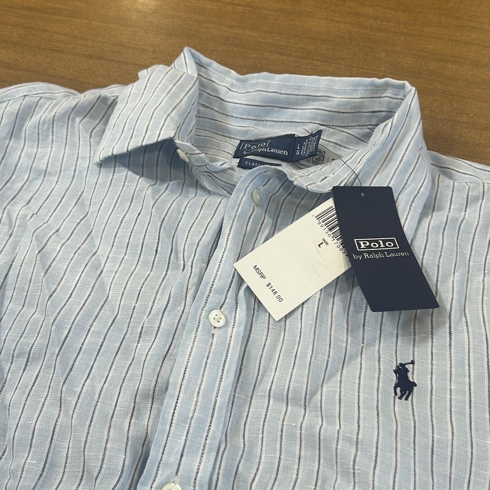 Polo Ralph Lauren Shirt Womens Large Blue Striped Linen Long Sleeve NWT